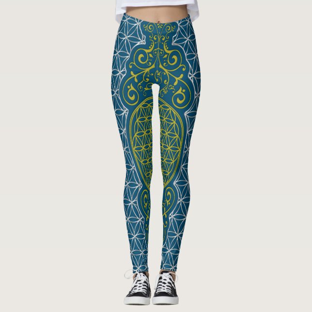 Flower of Life - vintage XI stamp pattern Leggings (Front)