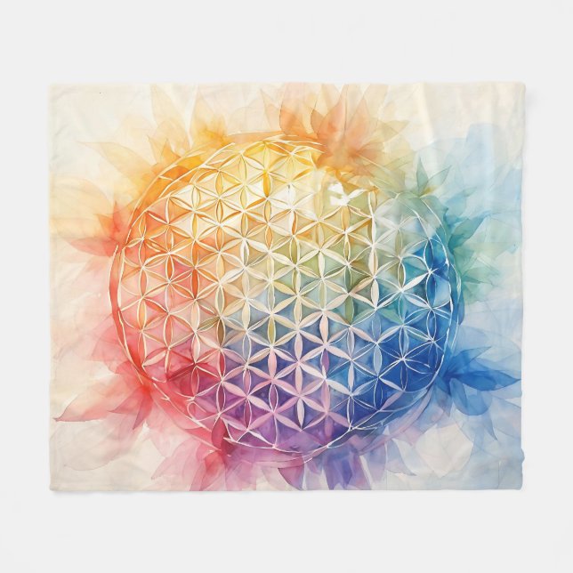 Flower of Life - Watercolor Painting Fleece Blanket (Front (Horizontal))