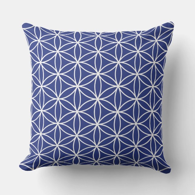 Flower of Life White on Blue Pattern Throw Pillow (Front)