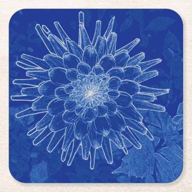 flower on blue square paper coaster (Front)
