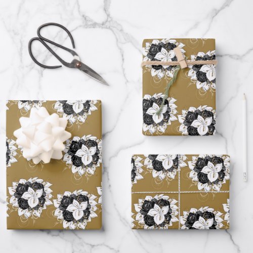 Flower on Gold Wrapping Paper Sheets