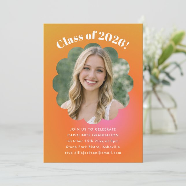 Flower Orange Gradient Photo Graduation Party Invitation (Standing Front)