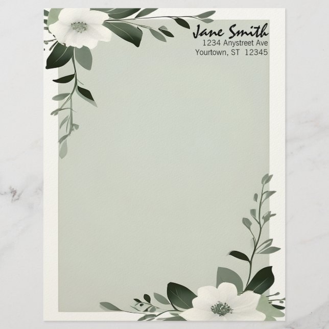 Flower Overlay Sage Green Personalized Stationery (Front)