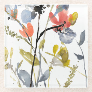 Flower Overlay - Watercolor Flowers & Stems Glass Coaster
