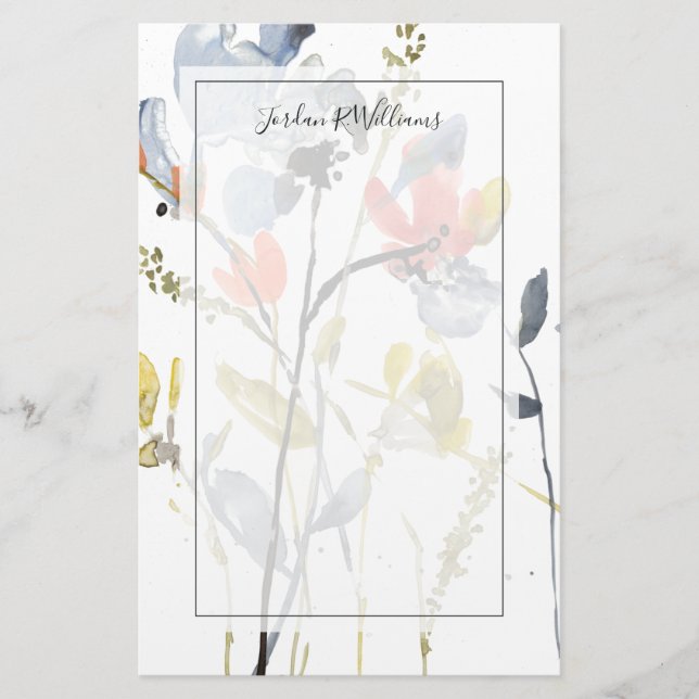 Flower Overlay - Watercolor Flowers & Stems Stationery (Front)