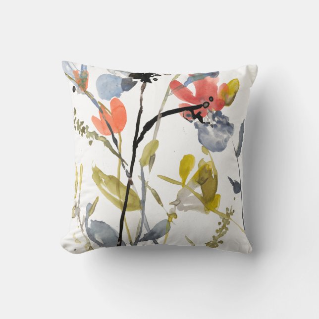 Flower Overlay - Watercolor Flowers & Stems Throw Pillow (Front)