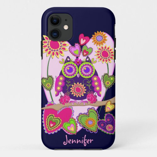 Flower Owl in Love  custom Name iPhone 11 Case