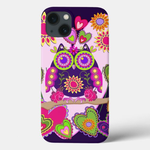 Flower Owl in Love Romantic iPhone 13 Case