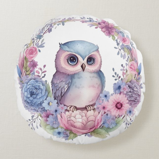 Flower Owl Round Pillow (Front)