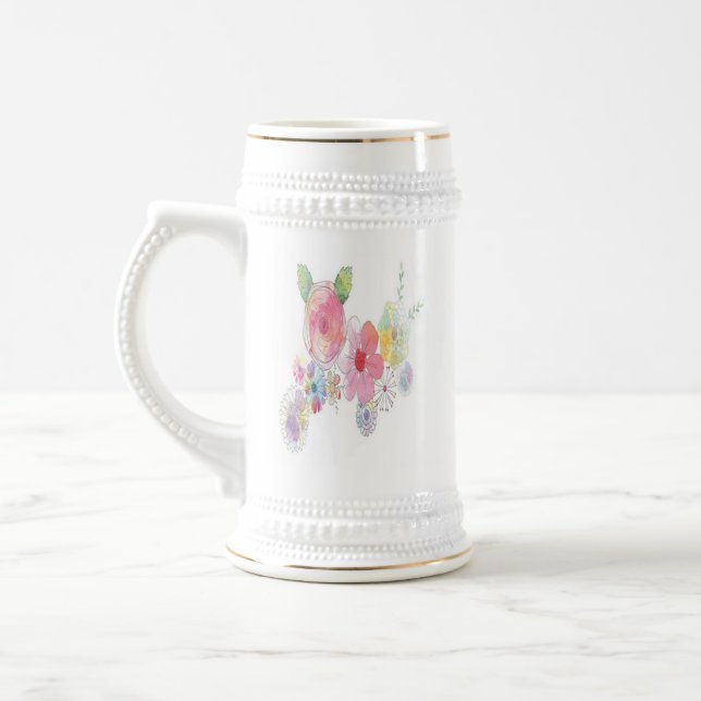 flower painting on white beer stein (Left)