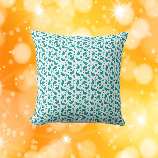 Flower Paisley Polka Dot Pattern Green Blue Throw Pillow (A pillow with a pattern of paisley, flowers and polka dots in green and blue)