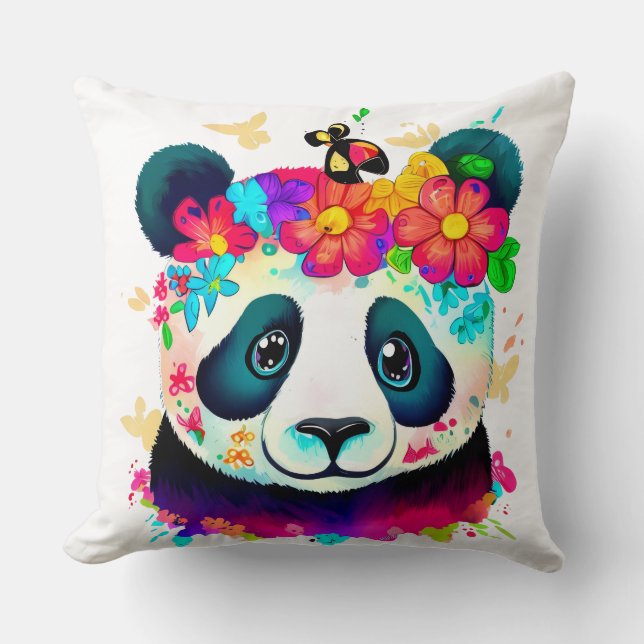 Flower Panda Throw Pillow (Front)