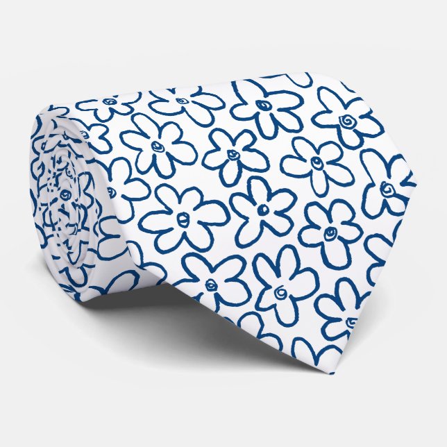 Flower Pattern 080821 - Indigo Blue and White Neck Tie (Rolled)