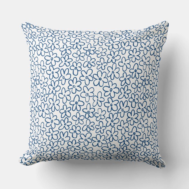 Flower Pattern 080821 - Indigo Blue and White Throw Pillow (Front)