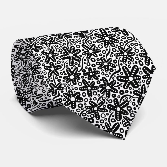 Flower Pattern 240412 - Black on White Neck Tie (Rolled)