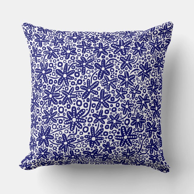 Flower Pattern 240412 - Dk Blue on White Throw Pillow (Front)