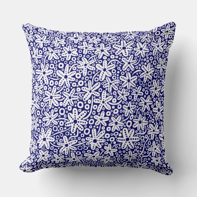 Flower Pattern 240412 - White on Dk Blue Throw Pillow (Front)