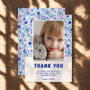 Flower Pattern Birthday Kids Girl Photo Thank You Card