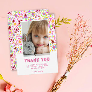 Flower Pattern Birthday Kids Girl Photo Thank You Card