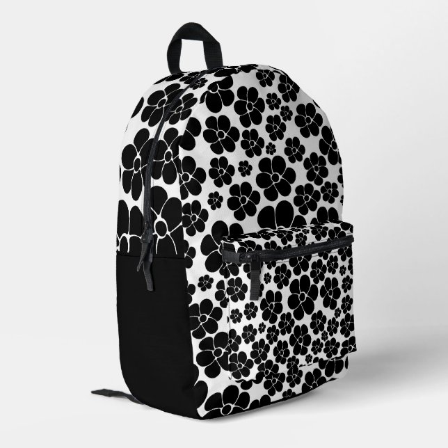 Flower Pattern - Black and White Printed Backpack (Back Corner Left)
