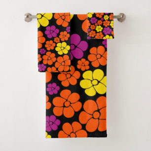 Flower Pattern - Black, Pink, Orange and Yellow Bath Towel Set
