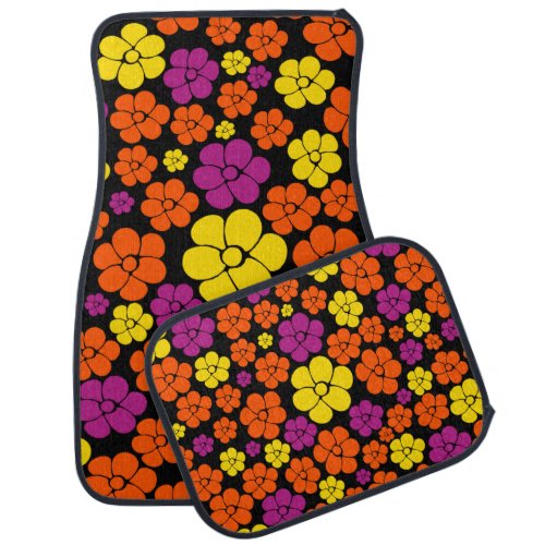 Flower Pattern _ Black Pink Orange and Yellow  Car Floor Mat