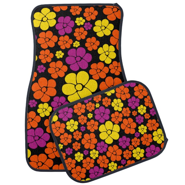 Flower Pattern - Black, Pink, Orange and Yellow  Car Floor Mat (Set)
