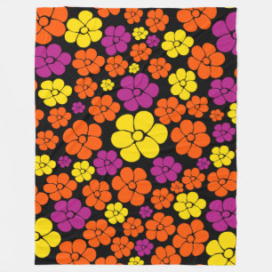 Flower Pattern - Black, Pink, Orange and Yellow Fleece Blanket