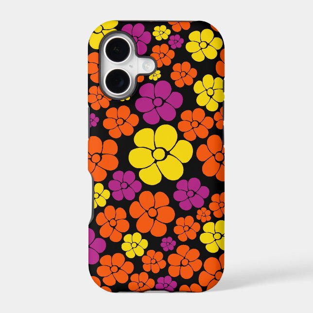 Flower Pattern - Black, Pink, Orange and Yellow Iphone Case (Back)