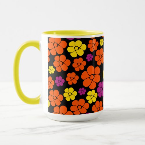 Flower Pattern _ Black Pink Orange and Yellow  Mug