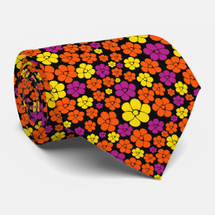 Flower Pattern - Black, Pink, Orange and Yellow  Neck Tie