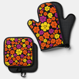Flower Pattern - Black, Pink, Orange and Yellow Oven Mitt & Pot Holder Set