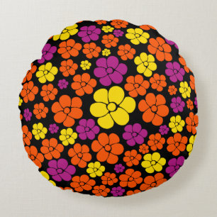 Flower Pattern - Black, Pink, Orange and Yellow Round Pillow