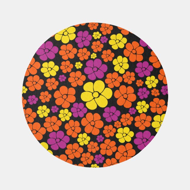 Flower Pattern - Black, Pink, Orange and Yellow  Rug (Front)