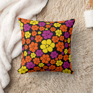 Flower Pattern - Black, Pink, Orange and Yellow Throw Pillow