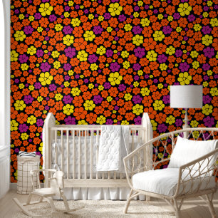 Flower Pattern - Black, Pink, Orange and Yellow Wallpaper