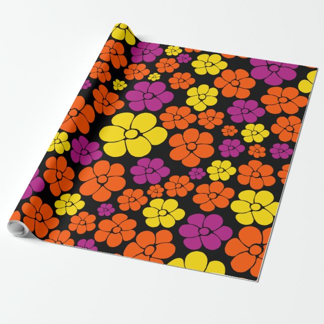 Flower Pattern - Black, Pink, Orange and Yellow Wrapping Paper (Unrolled)
