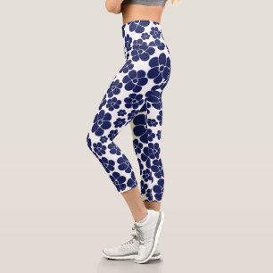 Flower Pattern - Blue and White Capri Leggings