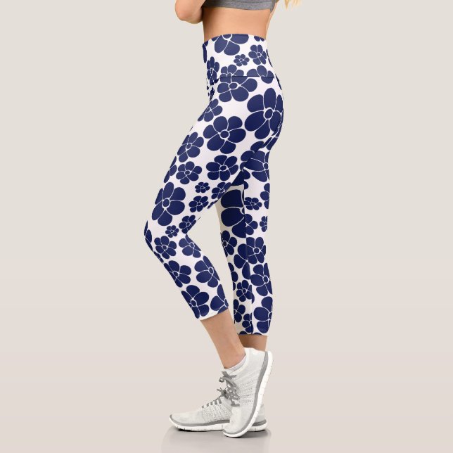 Flower Pattern - Blue and White Capri Leggings (Left)