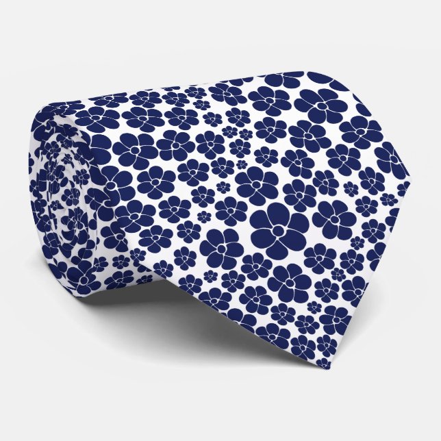 Flower Pattern - Blue and White Neck Tie (Rolled)