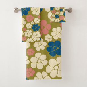 Flower Pattern - Blue, Olive Green, Pink and Cream Bath Towel Set