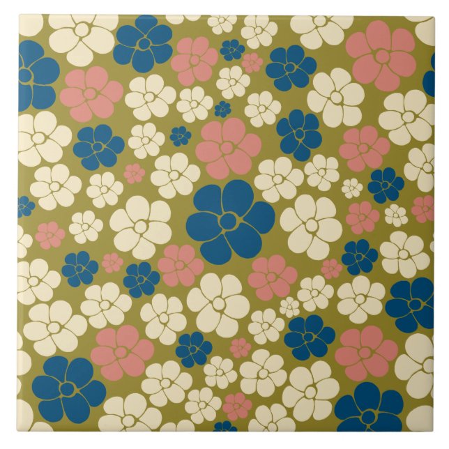 Flower Pattern - Blue, Olive Green, Pink and Cream Ceramic Tile (Front)