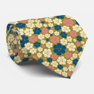 Flower Pattern - Blue, Olive Green, Pink and Cream Neck Tie