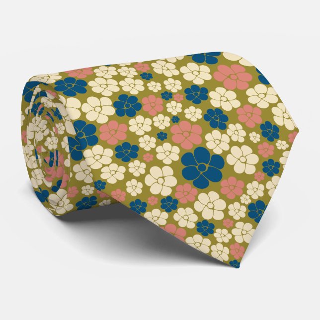 Flower Pattern - Blue, Olive Green, Pink and Cream Neck Tie (Rolled)