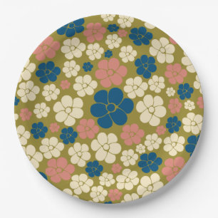 Flower Pattern - Blue, Olive Green, Pink and Cream Paper Plates