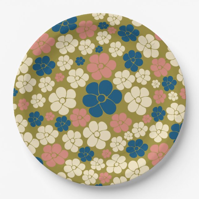 Flower Pattern - Blue, Olive Green, Pink and Cream Paper Plates (Front)