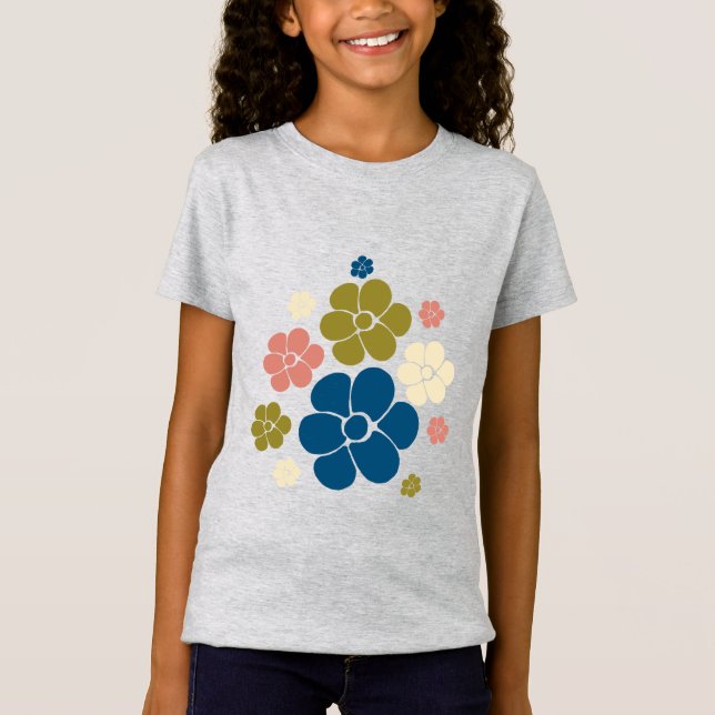 Flower Pattern - Blue, Olive Green, Pink and Cream T-Shirt (Front)