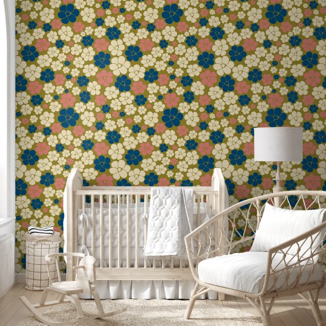 Flower Pattern - Blue, Olive Green, Pink and Cream Wallpaper (Kids)