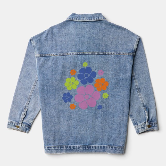 Flower Pattern - Blue, Orange, Purple, Green Denim Jacket (Back)