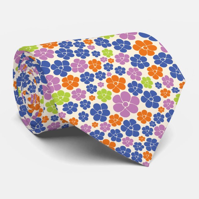 Flower Pattern - Blue, Orange, Purple, Green Neck Tie (Rolled)